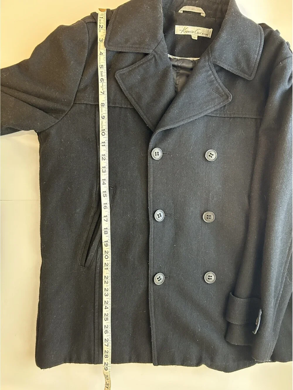 Kenneth Cole Double Breasted Wool Peacoat Men's Sz L Black Elegant Nautical